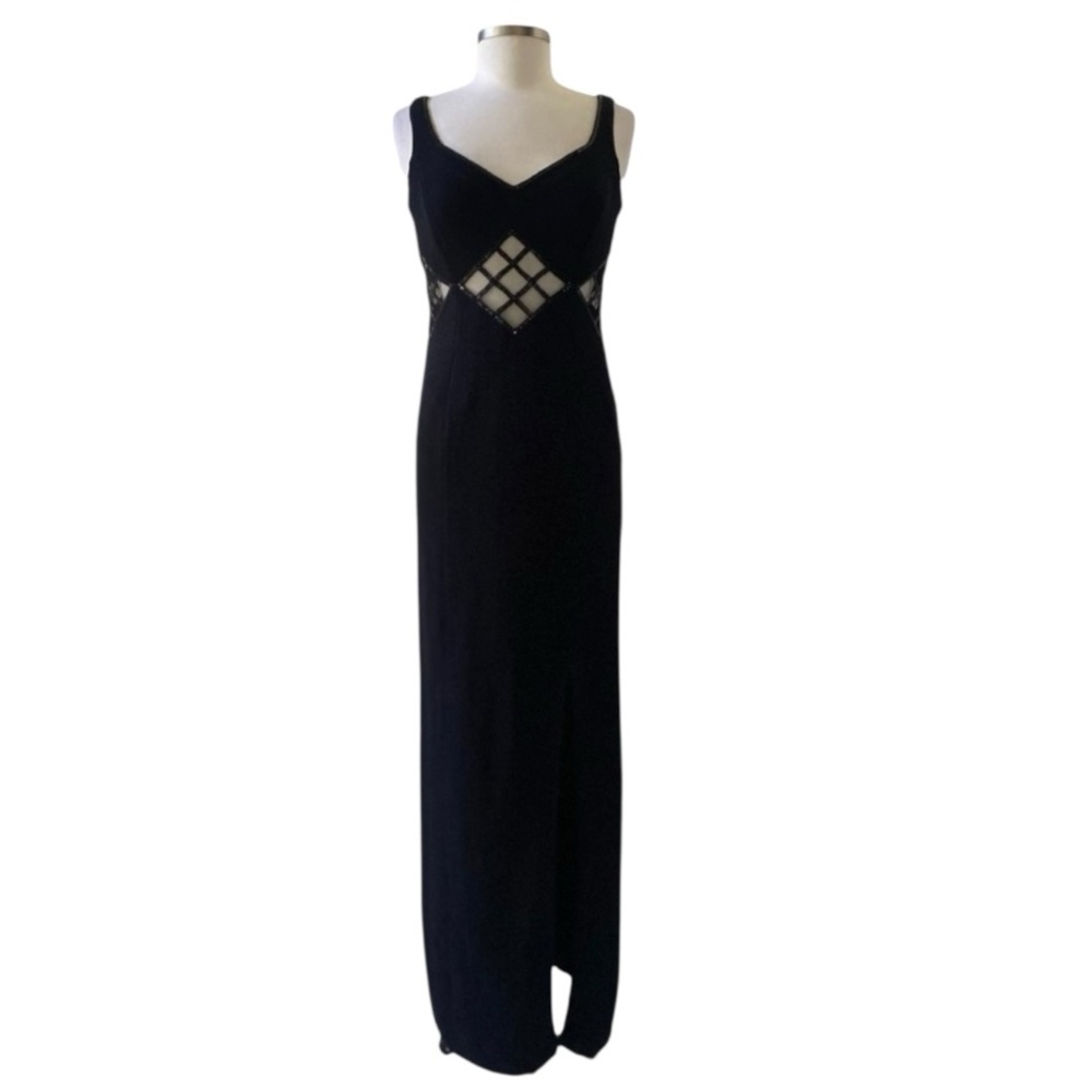St John Evening Black Sleeveless Cutout Long Knit Dress with Paillette Detail